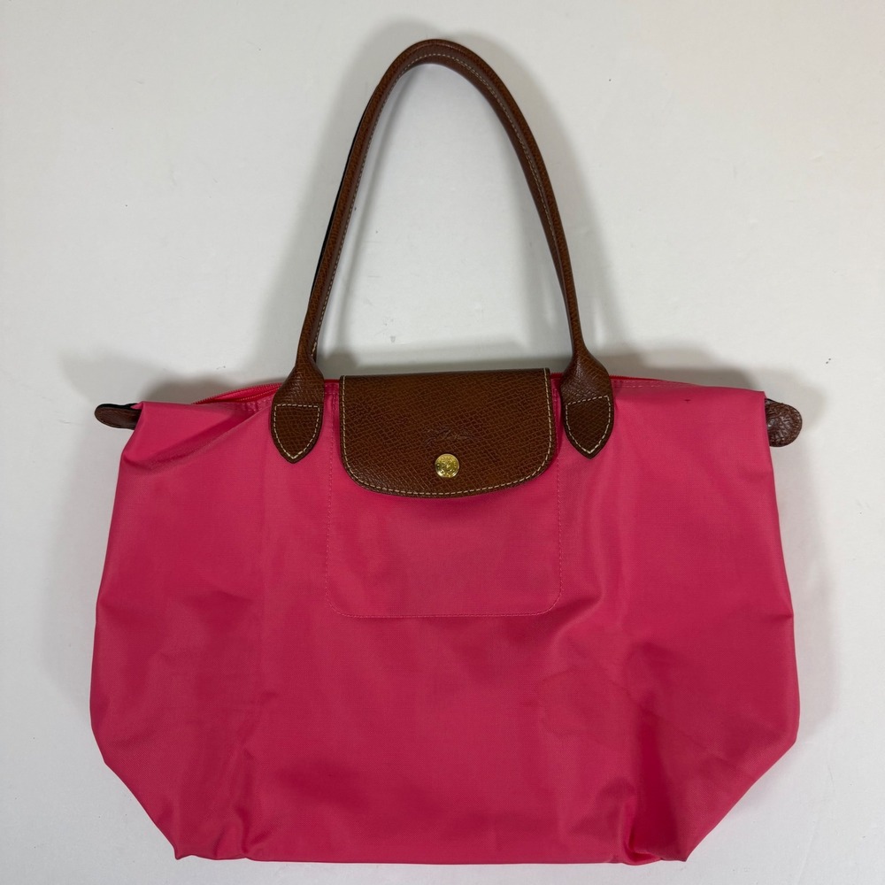 Longchamp Le Pliage M Pink Nylon Shoulder Tote Bag Brown Leather France